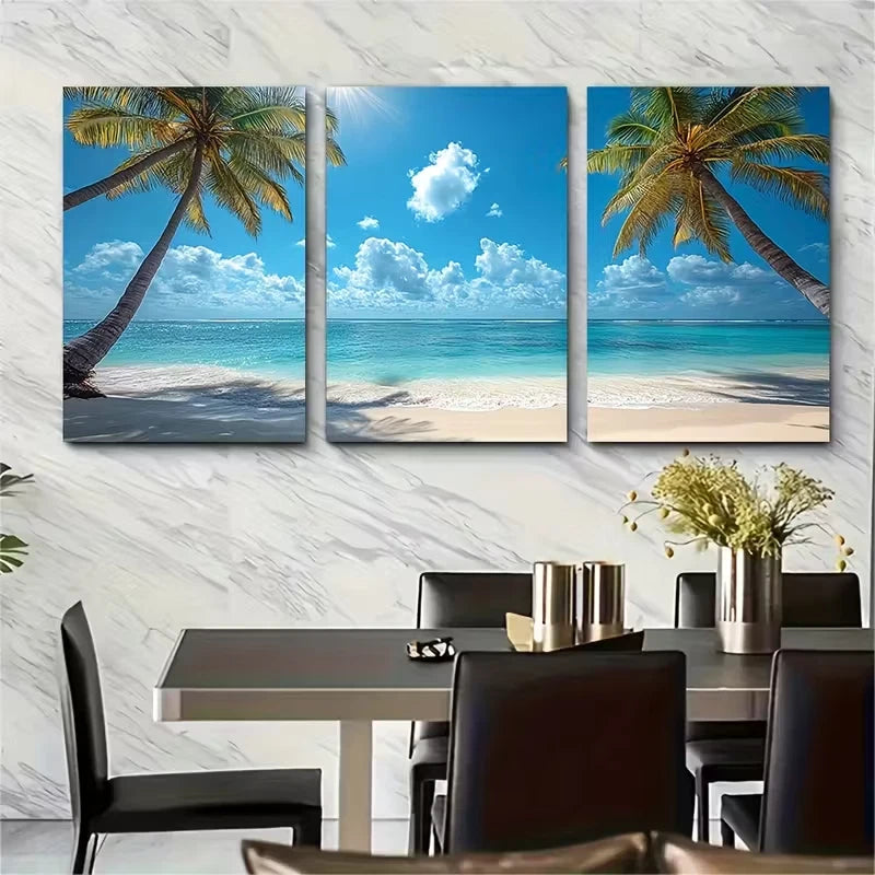 3pcs Beach Umbrella Palm Tree Metal Print Ready to Hang Art - Bella Home Decor