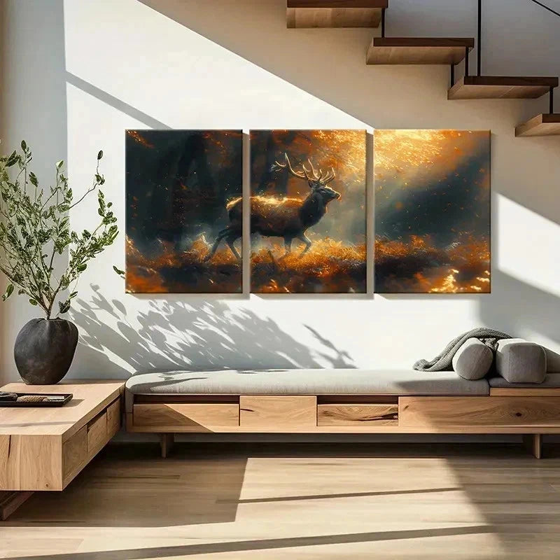 3pcs Deer In The Forest Vintage Animal Wall Art Set Canvas Framed 50x70cm - High Quality Print 100% Australian Made Wall Canvas Ready to Hang - Bella Home Decor