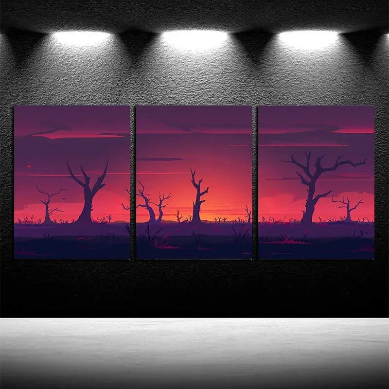 3pcs Purple Forest Sunset Illustration Metal Print Ready to Hang Art - Bella Home Decor