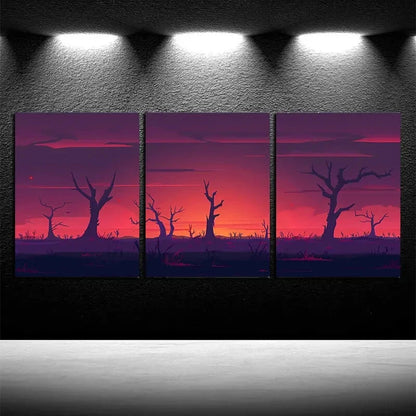3pcs Purple Forest Sunset Illustration Metal Print Ready to Hang Art - Bella Home Decor