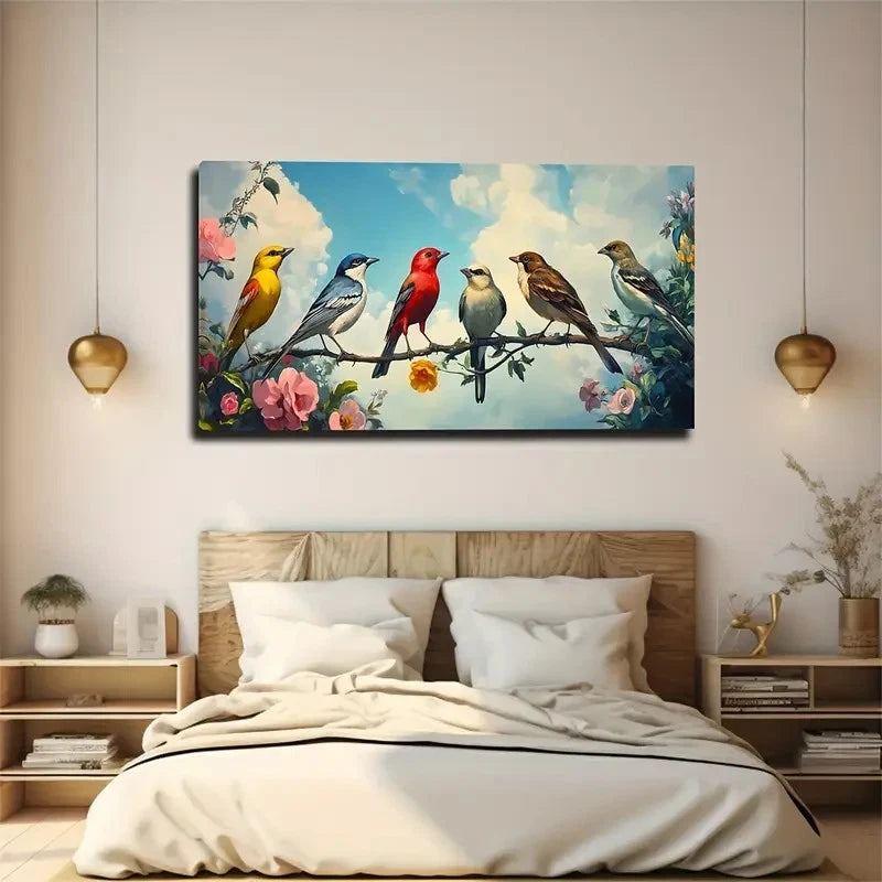 Vibrant Birds On Slender Branch Wall Art Canvas Office Home Room Framed 120x60cm