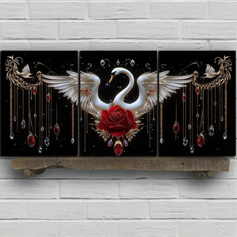 3pcs Red Rose And White Swan Modern Metal Print Ready to Hang Art - Bella Home Decor