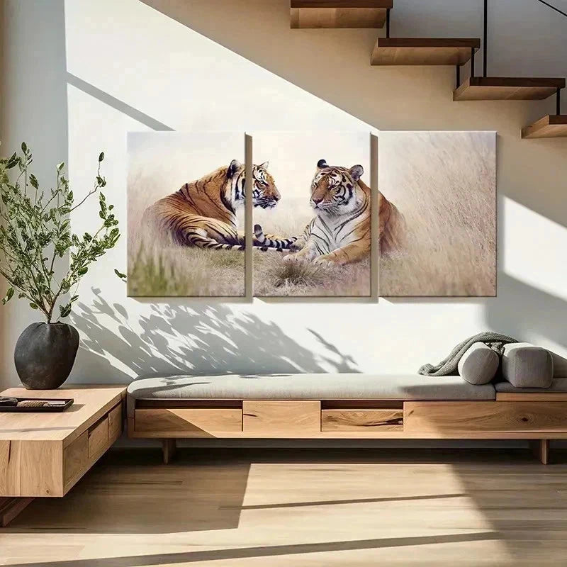 3pcs Two Tigers Tiger Couple Modern Wall Art Set Canvas Framed 60x90cm - High Quality Print 100% Australian Made Wall Canvas Ready to Hang