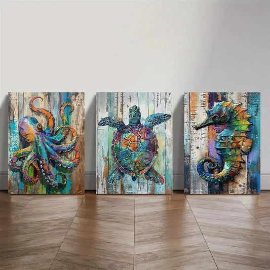 3pcs Marine Life Octopus Seahorse Turtle Metal Print Ready to Hang Art