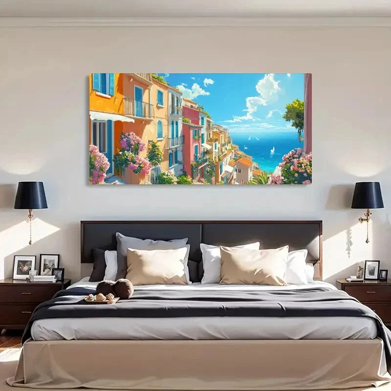Colorful Houses & Flowers Deco Wall Art Canvas Office Home Room Framed 120x60cm - Bella Home Decor