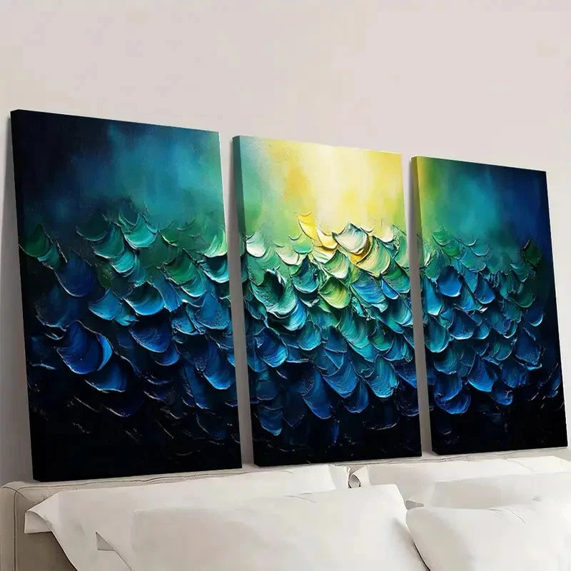 3pcs Abstract Blue & Green Textured ho  Wall Art Set Canvas Framed 40x60cm - High Quality Print 100% Australian Made Wall Canvas Ready to Hang - Bella Home Decor