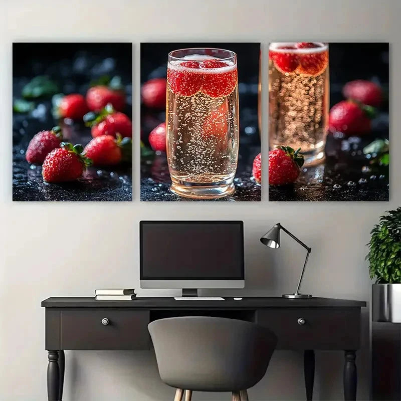 3pcs Elegant Champagne and Strawberries Design Wall Art Set Canvas Framed 50x70cm - High Quality Print 100% Australian Made Wall Canvas Ready to Hang - Bella Home Decor