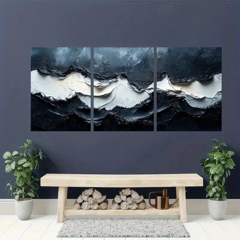 3pcs Black and White Acrylic Abstract Painting Metal Print Ready to Hang Art - Bella Home Decor