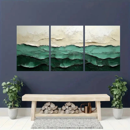 3pcs Abstract Green & White Textured Metal Print Ready to Hang Art - Bella Home Decor