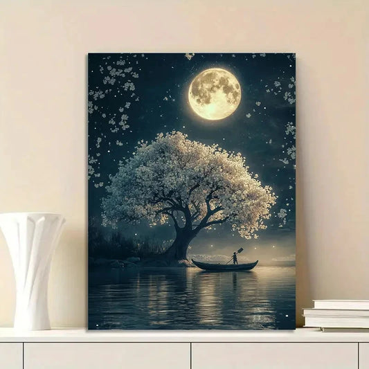 Moon Shines on The Water, an Ancient Man Rows 40x60cm Metal Print Ready to Hang