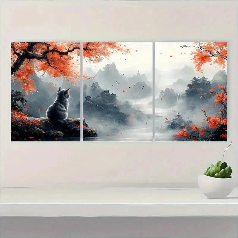3pcs Chinese Style Cat on Tree Metal Print Ready to Hang Art - Bella Home Decor