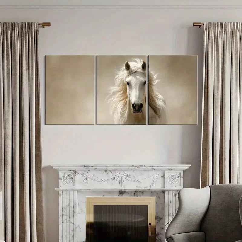 3pcs White Horse Art Elegant Mane Soft Lighting Metal Print Ready to Hang Art - Bella Home Decor