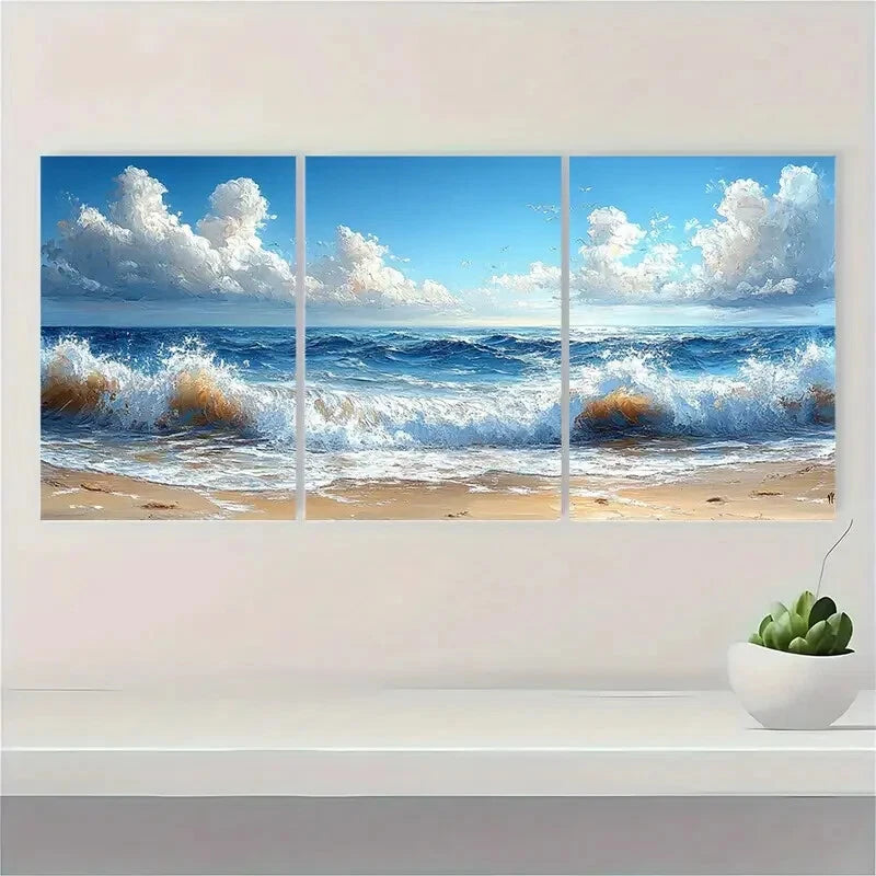 3pcs Beach Ocean Wave Seascape Oil Painting Metal Print Ready to Hang Art - Bella Home Decor