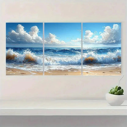 3pcs Beach Ocean Wave Seascape Oil Painting Metal Print Ready to Hang Art - Bella Home Decor