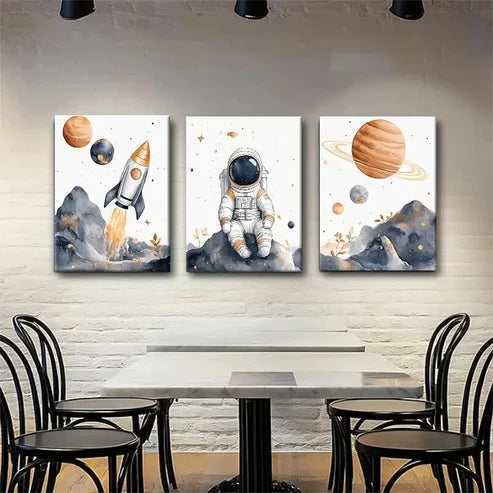 3pcs Astronaut Space Whimsical Space Perfect Wall Art Set Canvas Unframed - High Quality Print 100% Australian Made Wall Canvas - Bella Home Decor