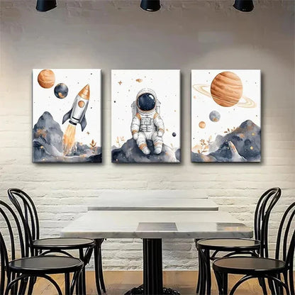 3pcs Astronaut Space Whimsical Space Perfect Wall Art Set Canvas Unframed - High Quality Print 100% Australian Made Wall Canvas - Bella Home Decor