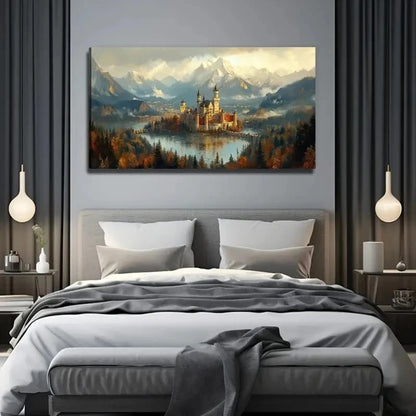 Castle In The Lake Suitable Wall Art Canvas Office Home Room Framed 120x60cm