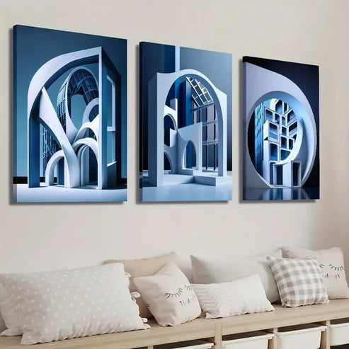 3pcs Modern Abstract Blue Geometric Cityscape Wall Art Set Canvas Unframed - High Quality Print 100% Australian Made Wall Canvas