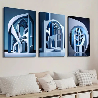 3pcs Modern Abstract Blue Geometric Cityscape Wall Art Set Canvas Unframed - High Quality Print 100% Australian Made Wall Canvas