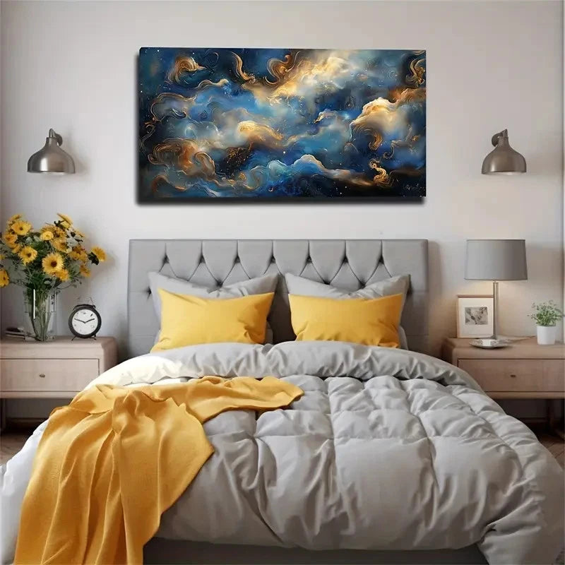 Golden & White Flowing Lines Wall Art Canvas Office Home Room Framed 120x60cm
