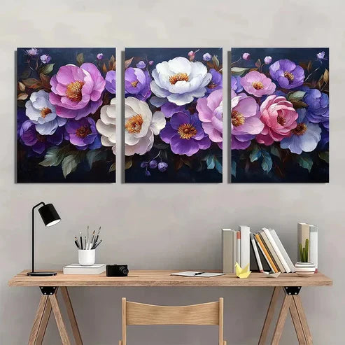 3pcs Oil Painting with Peony & Lupine Flowers Wall Art Canvas Unframed - High Quality Print 100% Australian Made Wall Canvas