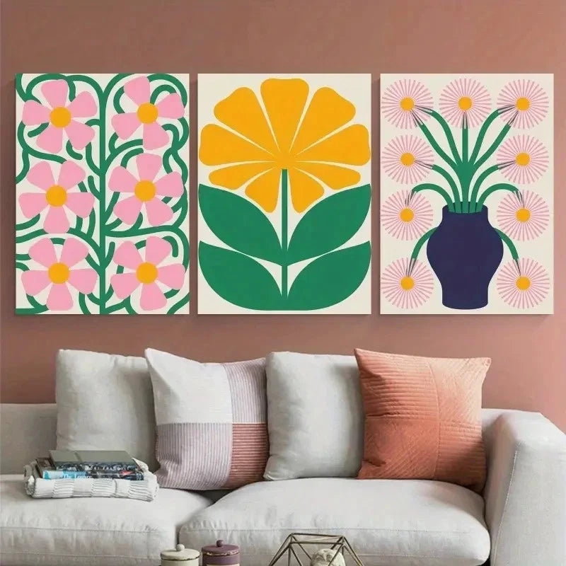 3pcs Abstract Flowers Bold Colors Painting Metal Print Ready to Hang Art - Bella Home Decor