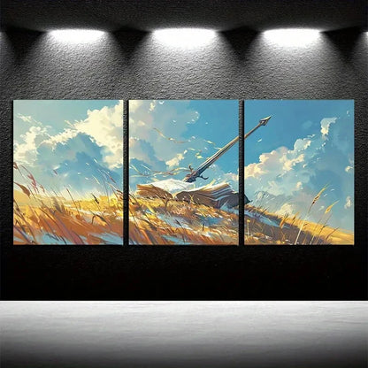 3pcs Vibrant Sword in Grass Design Metal Print Ready to Hang Art - Bella Home Decor