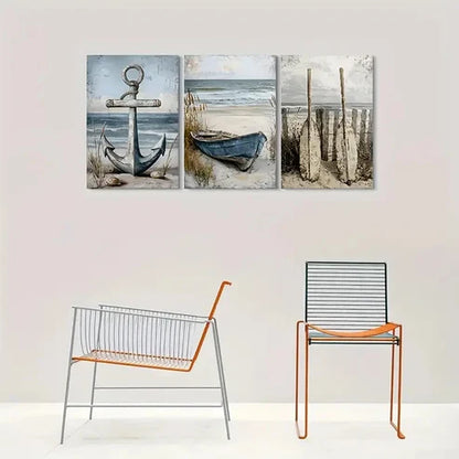 3pcs Beach Scene Nautical Anchor Boat and Oars Wall Art Canvas Unframed - High Quality Print 100% Australian Made Wall Canvas - Bella Home Decor