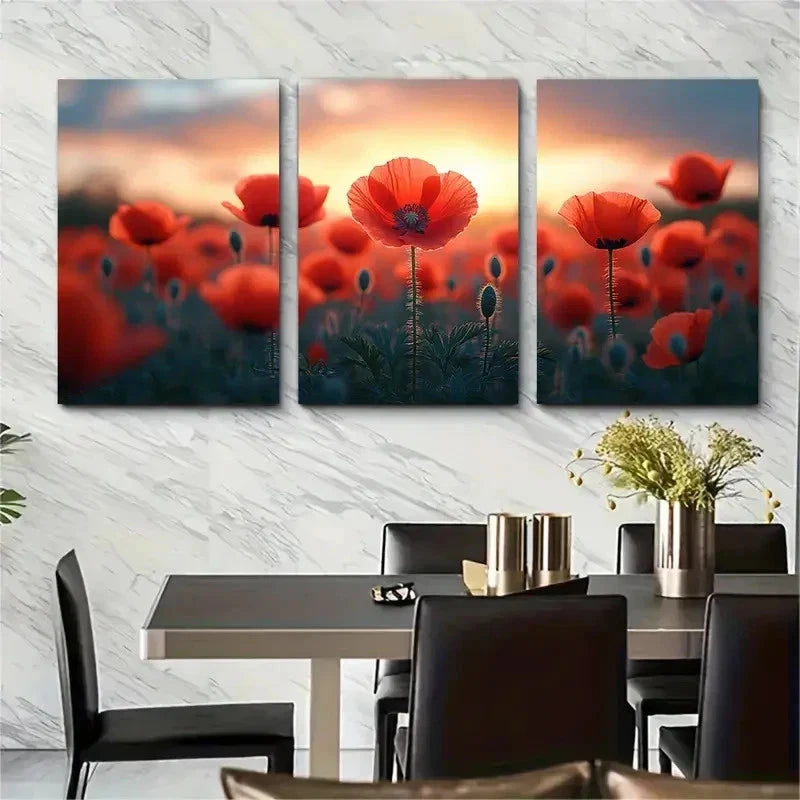 3pcs Vibrant Red Poppies In Sunset Scene Perfect Wall Art Set Canvas Framed 50x70cm - High Quality Print 100% Australian Made Wall Canvas Ready to Hang