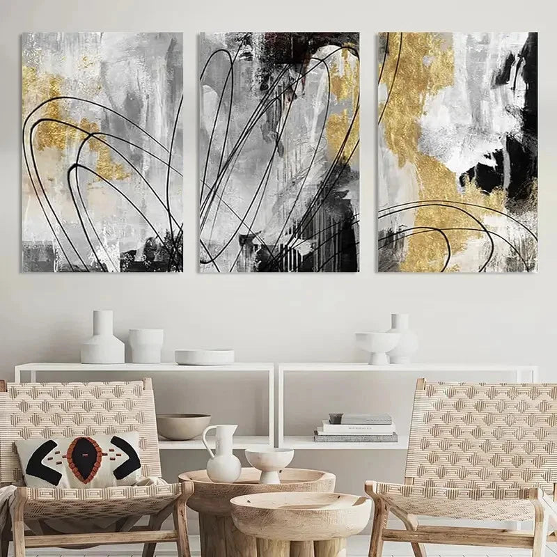 3pcs Painting Golden Wall Art Abstract Metal Print Ready to Hang Art - Bella Home Decor