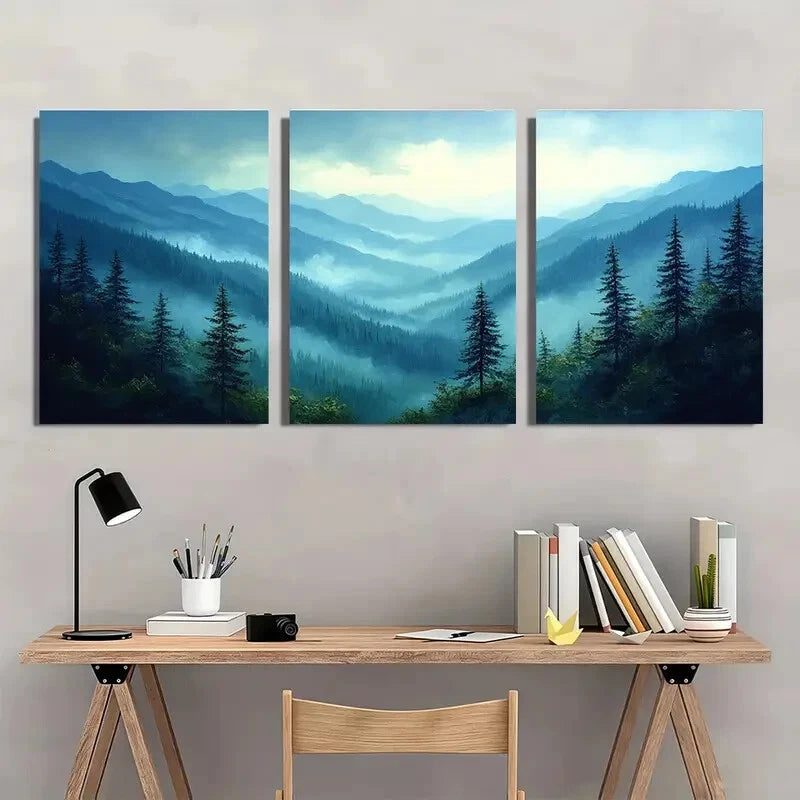 3pcs Appalachian Misty Pine Forest Landscape Metal Print Ready to Hang Art - Bella Home Decor