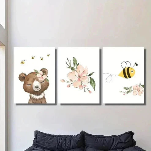 3pcs Cartoon Bee Flower And Bear Decoration  Wall Art Set Canvas Unframed - High Quality Print 100% Australian Made Wall Canvas - Bella Home Decor