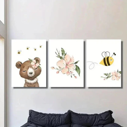 3pcs Cartoon Bee Flower And Bear Decoration  Wall Art Set Canvas Unframed - High Quality Print 100% Australian Made Wall Canvas - Bella Home Decor