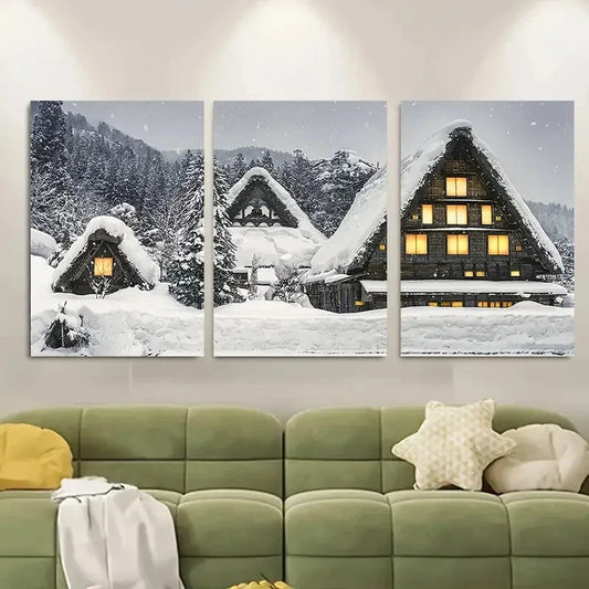 3pcs , Winter Cabin In The Snow Metal Print Ready to Hang Art
