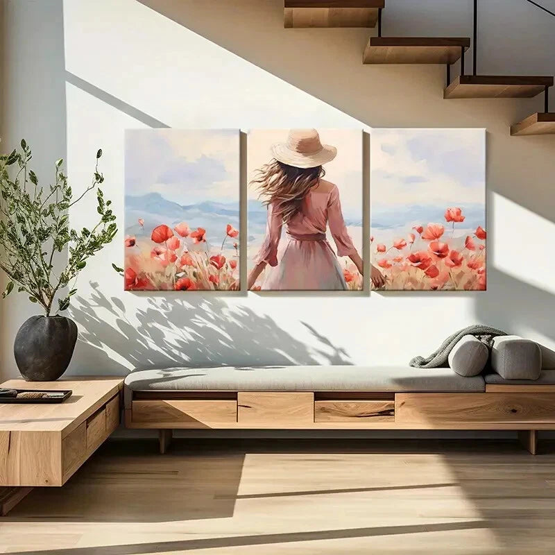 3pcs Flower Field Woman In Hat Mountain View Metal Print Ready to Hang Art - Bella Home Decor