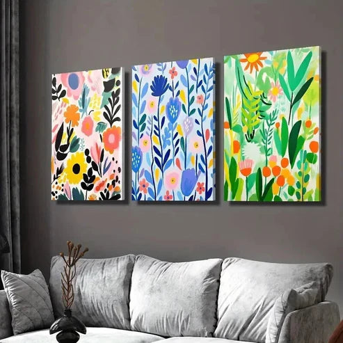 3pcs Colorful Spring Flowers and Leaves Wall Art Canvas Unframed - High Quality Print 100% Australian Made Wall Canvas - Bella Home Decor