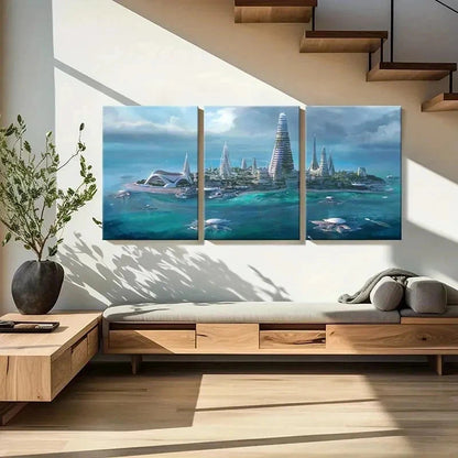 3pcs Futuristic Sci-Fi Island Scene Wall Art Set Canvas Framed 40x60cm - High Quality Print 100% Australian Made Wall Canvas Ready to Hang - Bella Home Decor