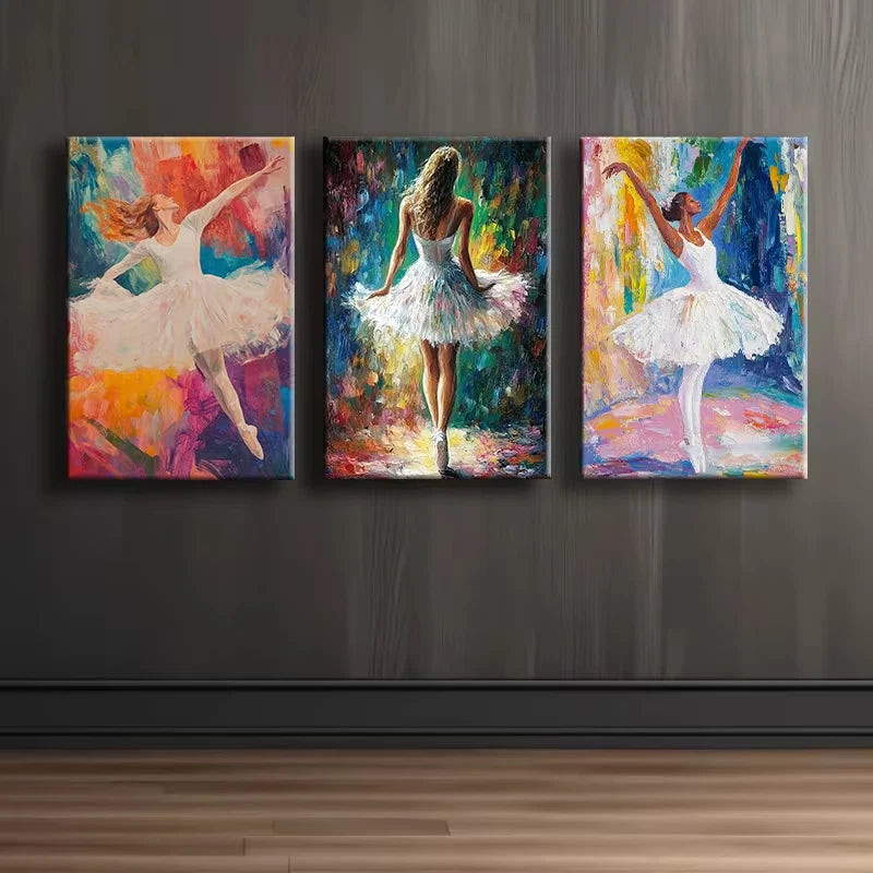 3pcs Elegant Ballerina Vibrant Illustration Wall Art Set Canvas Framed 50x70cm - High Quality Print 100% Australian Made Wall Canvas Ready to Hang