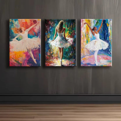 3pcs Elegant Ballerina Vibrant Illustration Wall Art Set Canvas Framed 50x70cm - High Quality Print 100% Australian Made Wall Canvas Ready to Hang