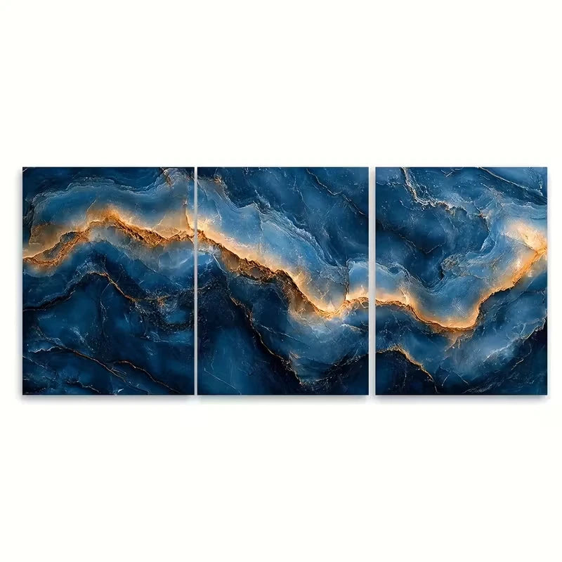 3pcs Blue Marble Textures Metal Print Ready to Hang Art - Bella Home Decor