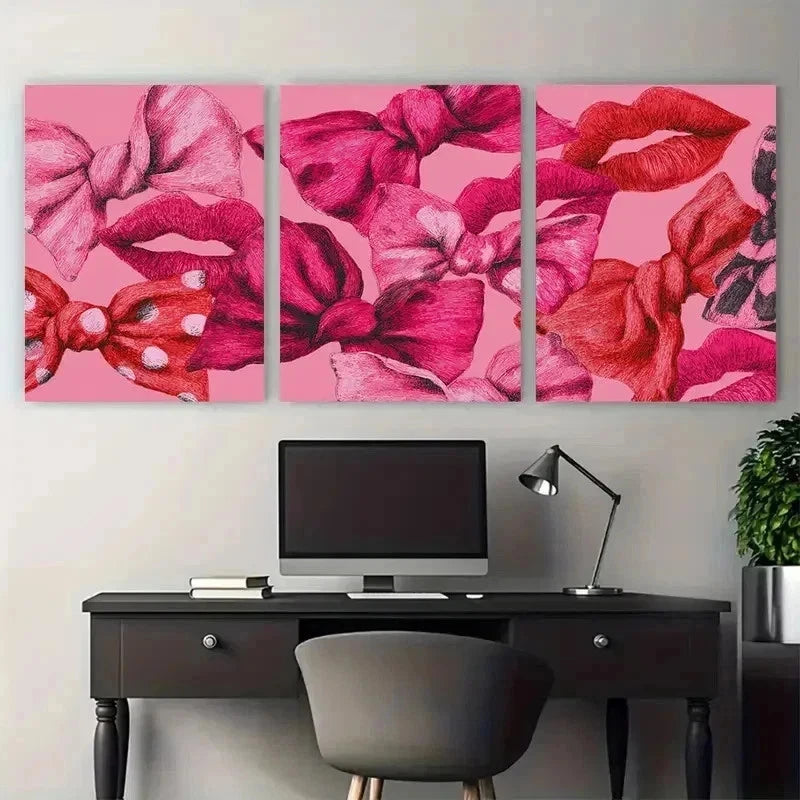 3pcs Girly Coquette Bows Retro Kiss Lips Perfect Wall Art Set Canvas Framed 60x90cm - High Quality Print 100% Australian Made Wall Canvas Ready to Hang - Bella Home Decor
