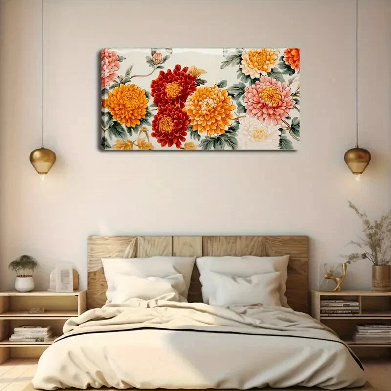 Orange & White Chrysanthemums Wall Art Canvas Office Home Room Framed 120x60cm - Bella Home Decor
