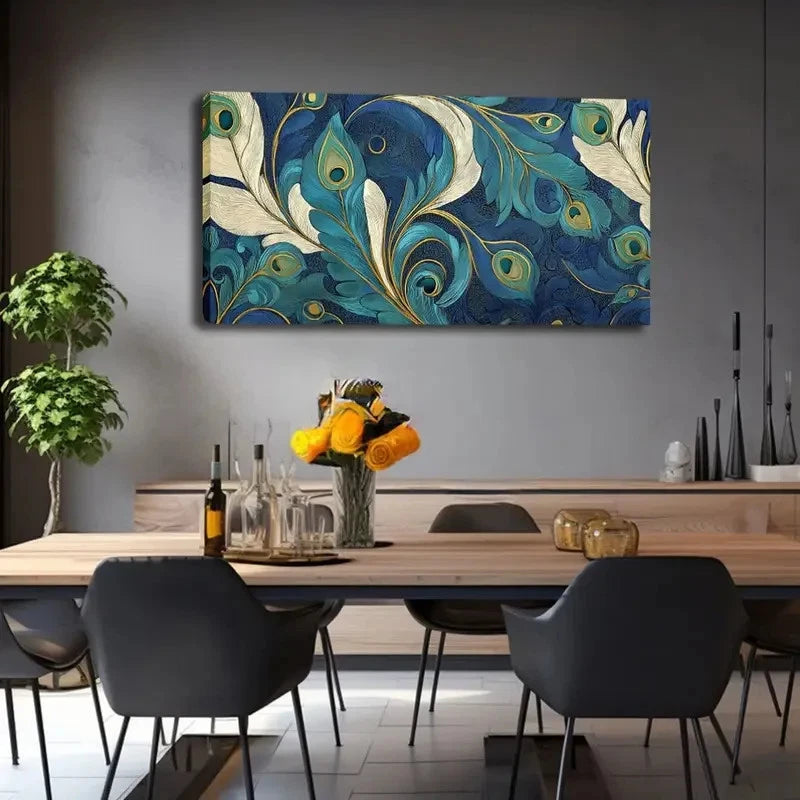 Abstract Peacock Feather Wall Art Canvas Office Home Room Framed 120x60cm - Bella Home Decor
