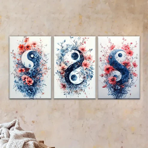 3pcs Three Paintings of Flowers and Yin Symbols Wall Art Set Canvas Unframed - High Quality Print 100% Australian Made Wall Canvas - Bella Home Decor