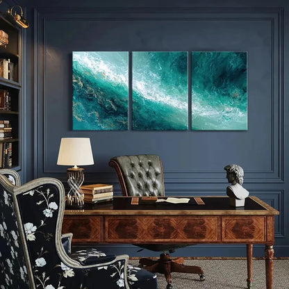 3pcs Abstract Ocean Waves Turquoise Art Metal Print Ready to Hang Art - Bella Home Decor