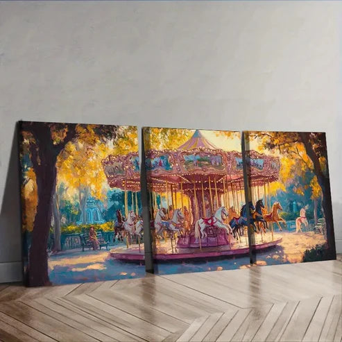 3pcs Pink Carousel Design Wall Art Canvas Unframed - High Quality Print 100% Australian Made Wall Canvas