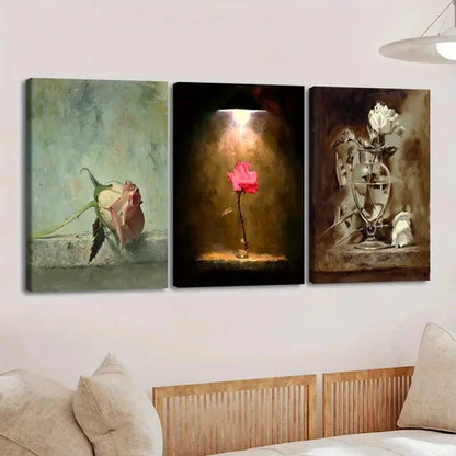 3pcs Vintage Oil Paint Style Roses Leopard Lion Wall Art Set Canvas Unframed - High Quality Print 100% Australian Made Wall Canvas