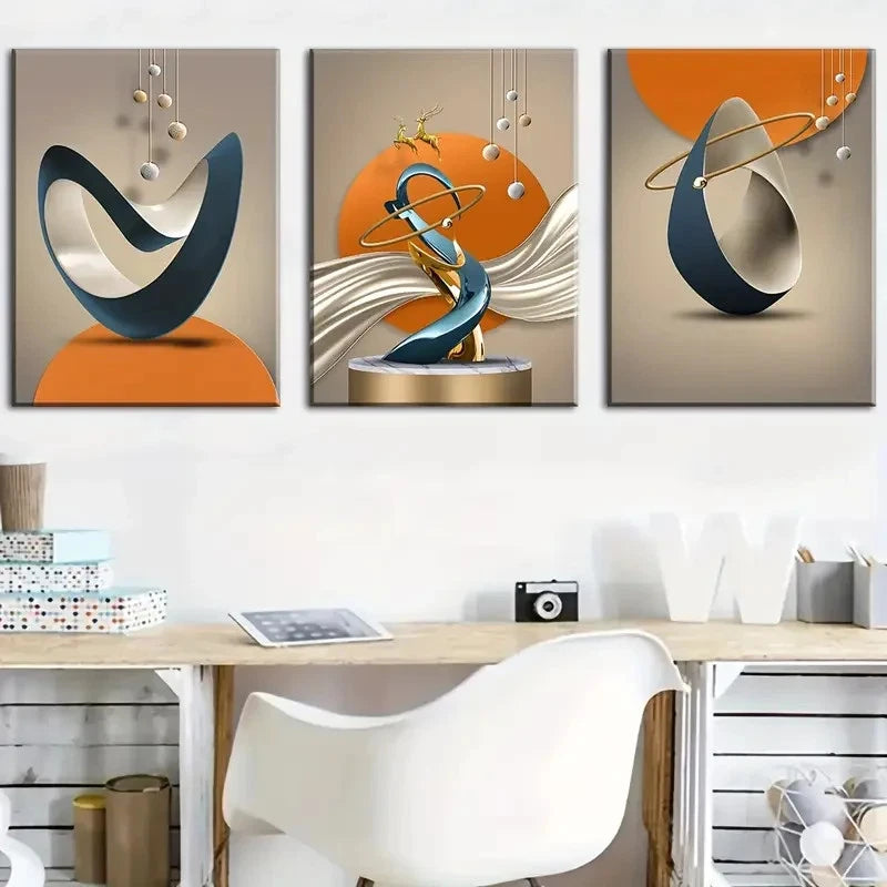 3pcs Abstract Navy Blue Golden Beige Metal Print Ready to Hang Art - Bella Home Decor