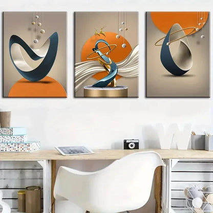 3pcs Abstract Navy Blue Golden Beige Metal Print Ready to Hang Art - Bella Home Decor