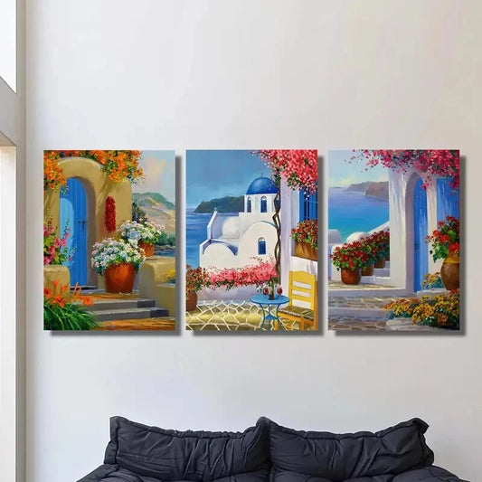 3pcs Santorini Greece landscape painting Metal Print Ready to Hang Art